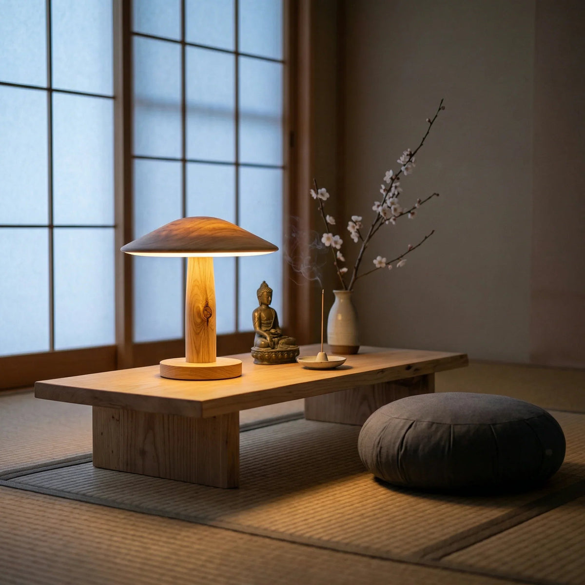 Meditationsecke im Japandi-Stil mit Holztisch, sanfter Lampe, Kissen, Buddha-Statue und Räucherwerk