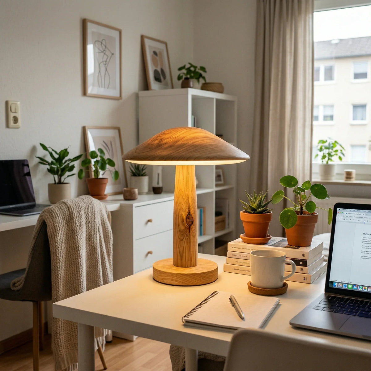 Preisgünstiger Apartment-Arbeitsplatz mit Massivholzlampe, Pflanzen, Büchern und gemütlichem Dekor