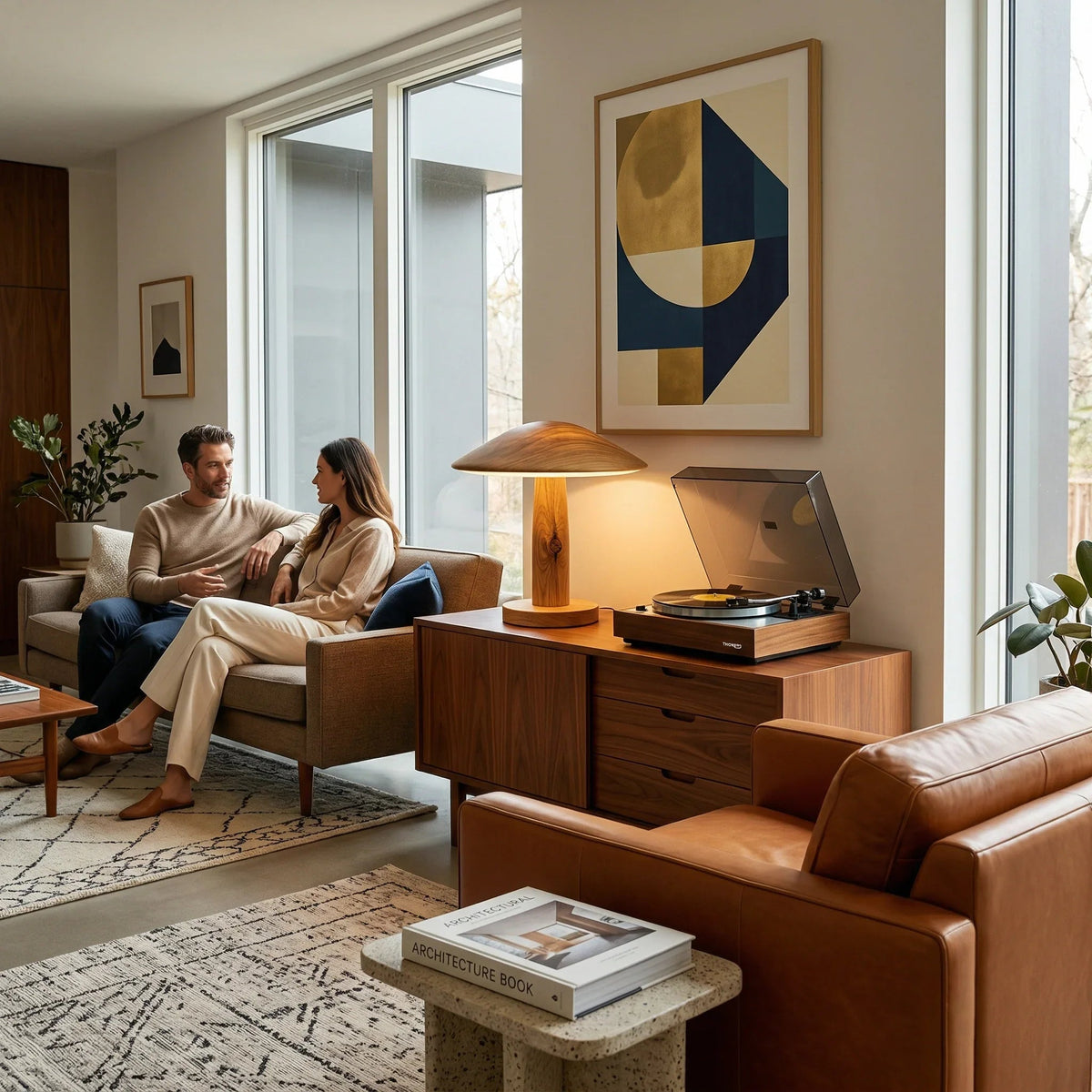 Mid-Century-Modern-Wohnzimmer mit Nussbaum-Sideboard, Tischlampe und einem Paar, das sich gemütlich entspannt