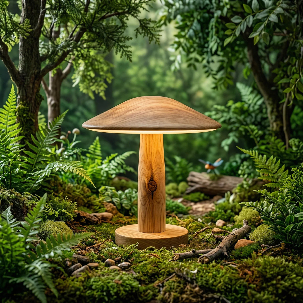 Holz-Schreibtischlampe in Pilzform in einem üppig grünen Waldstudio, umgeben von Farnen und Moos
