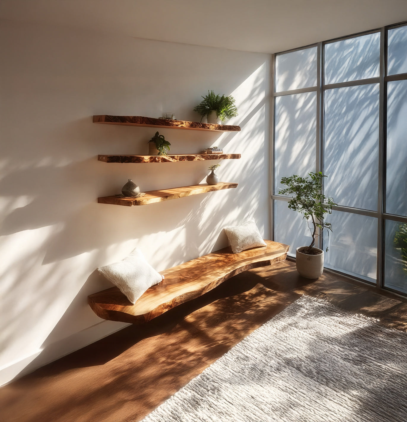 Schwebende Regale mit Naturkante – handgefertigtes Holz-Wandregal, wellig