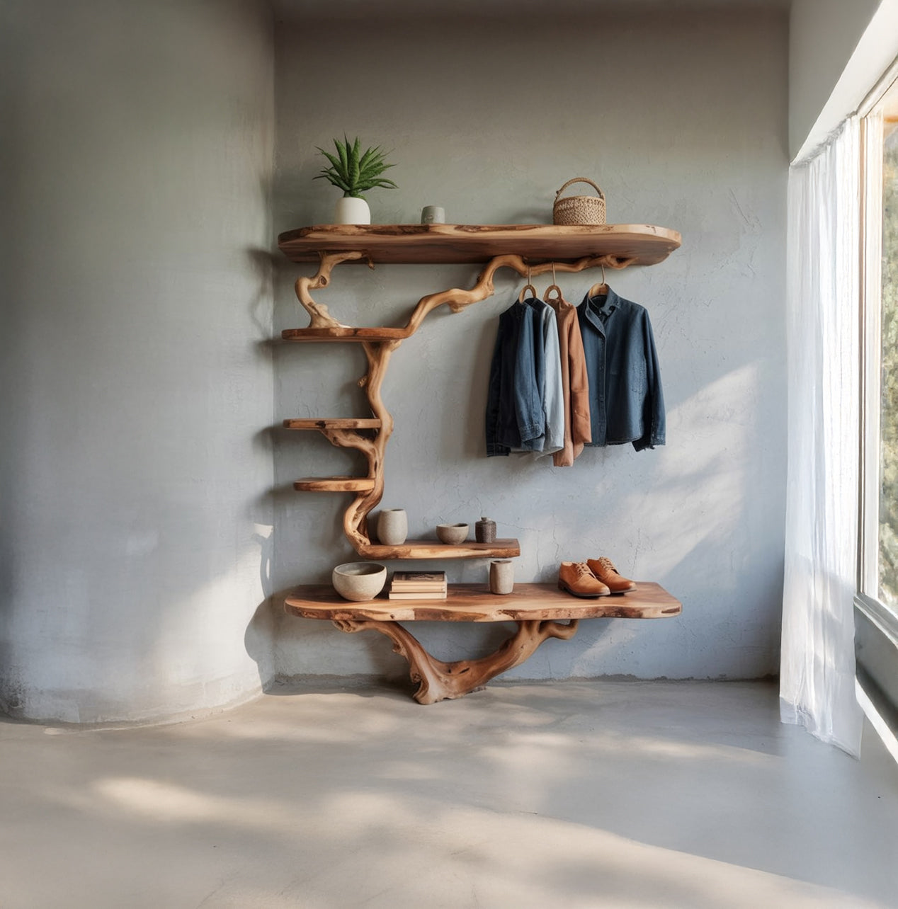 Baumzweig-Garderobe aus Treibholz mit Schuhbank und Wandhaken Regal XL