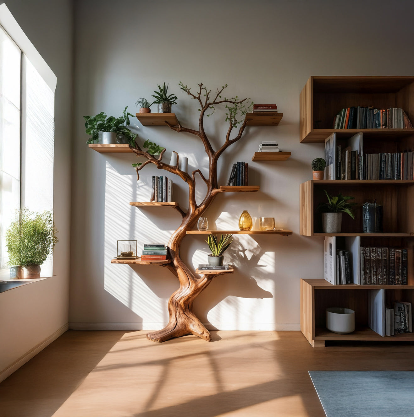 Dekoratives Baumstamm-Bücherregal – großes rustikales Wandregal HolzDE
