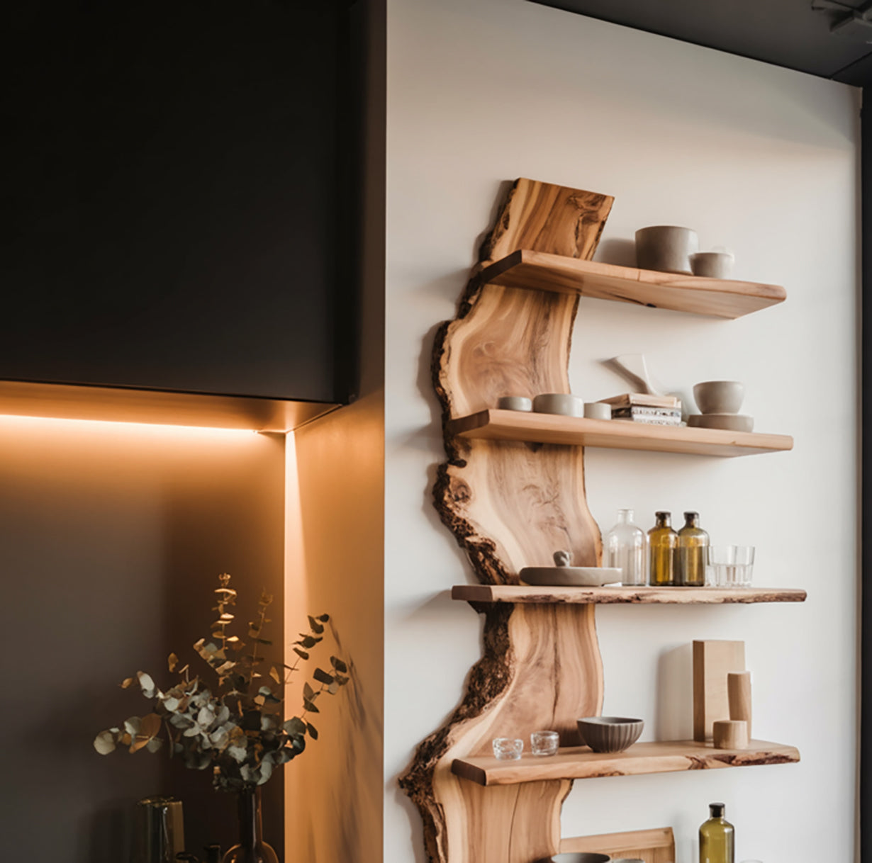 Live Edge Küchenregal schwebend – Modernes Massivholz Wandregal