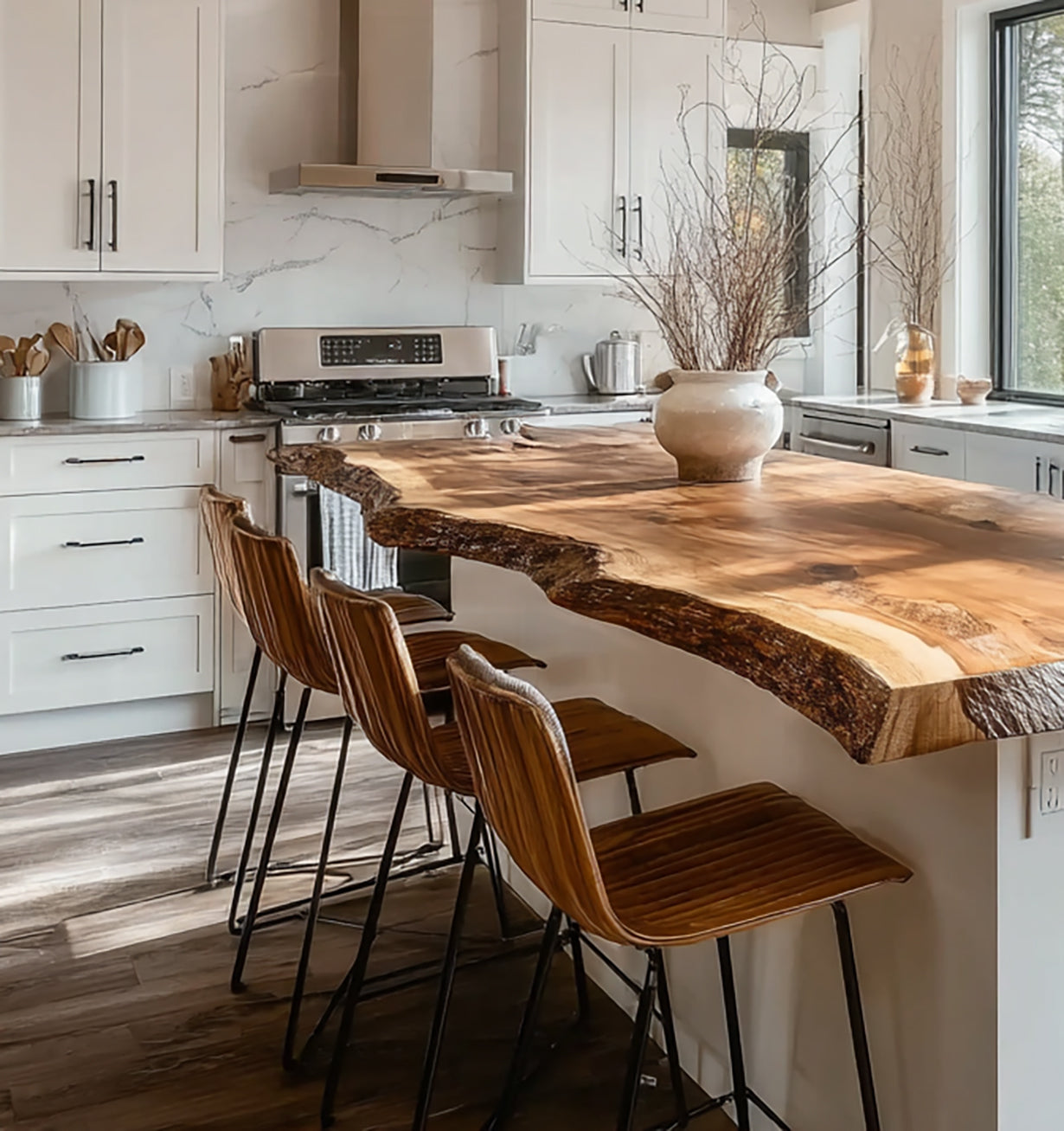 Massive Holz-Kücheninsel mit Live Edge – handgefertigte Holzplatte