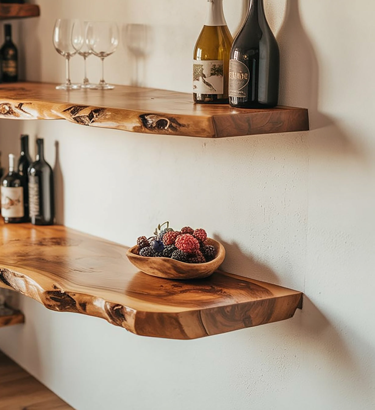 Schwebendes Eckregal mit Baumkante aus Holz – Wanddekoration