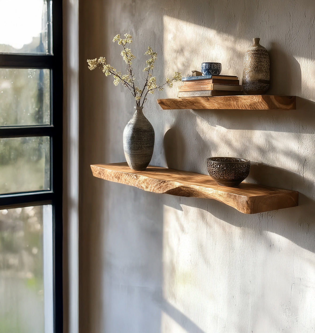 Natürliche Live-Edge-Floating Shelves – tiefes, wandmontiertes Regal
