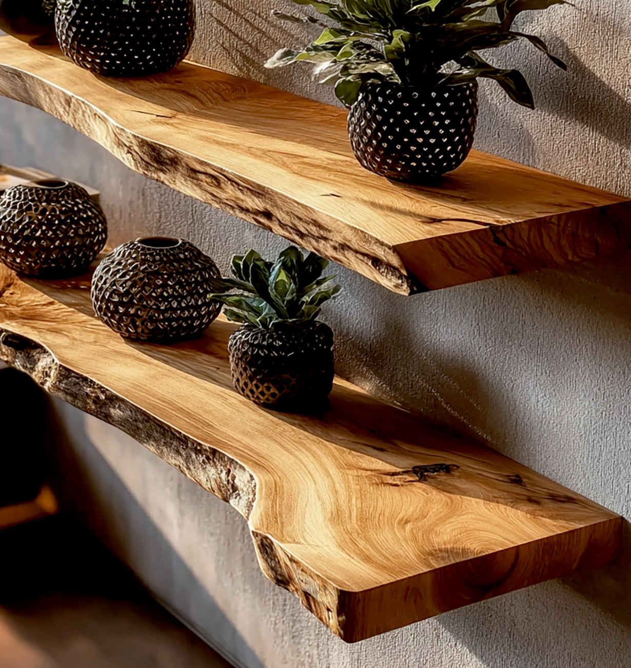 Modernes Massivholz-Wandregal – Handgefertigt, Live Edge Schwebendes Regal