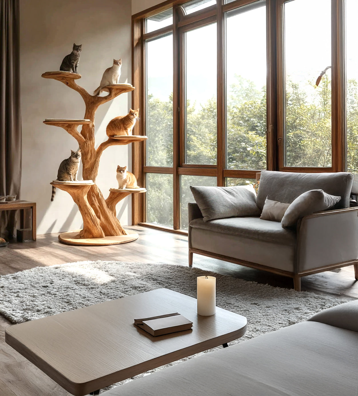 Maßgefertigter Baum-Kratzbaum aus Holz – Handgefertigt, natürliches Indoor-Design