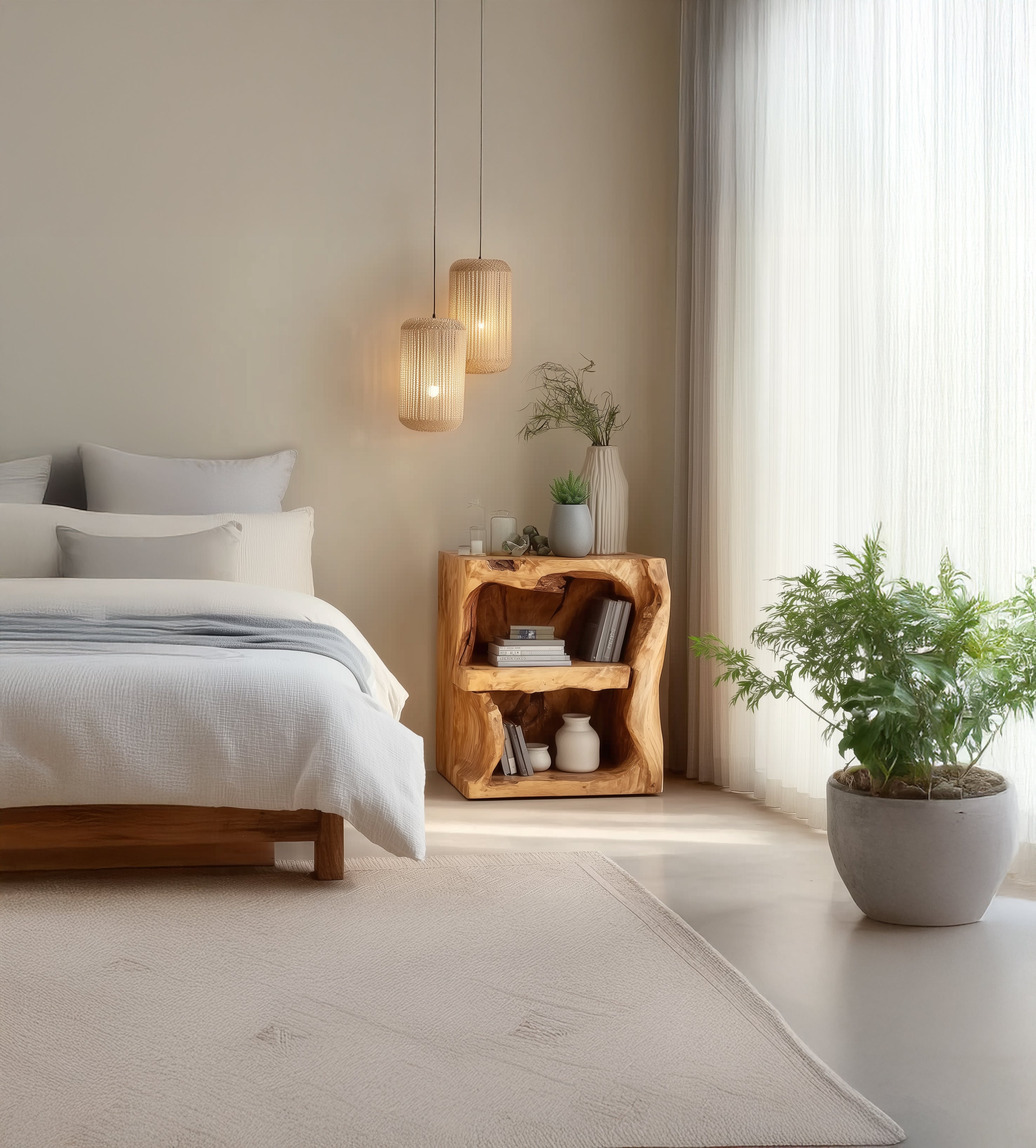 Handgefertigter Nachttisch mit Schublade – Rustikaler Naturholz-Nachtisch