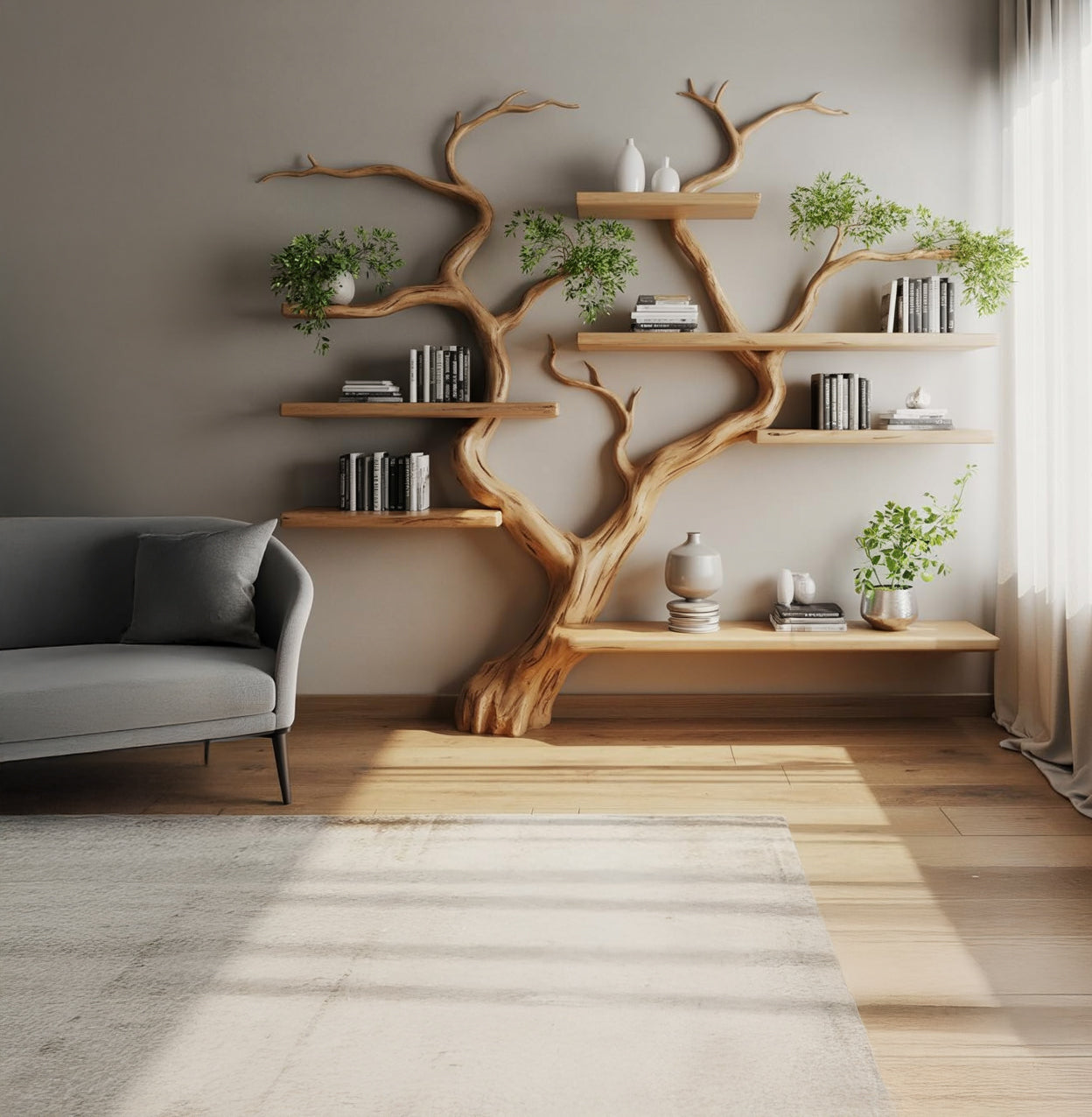 Live-Edge Baumast-Bücherregal – Handgefertigtes Holzregal für Zuhause