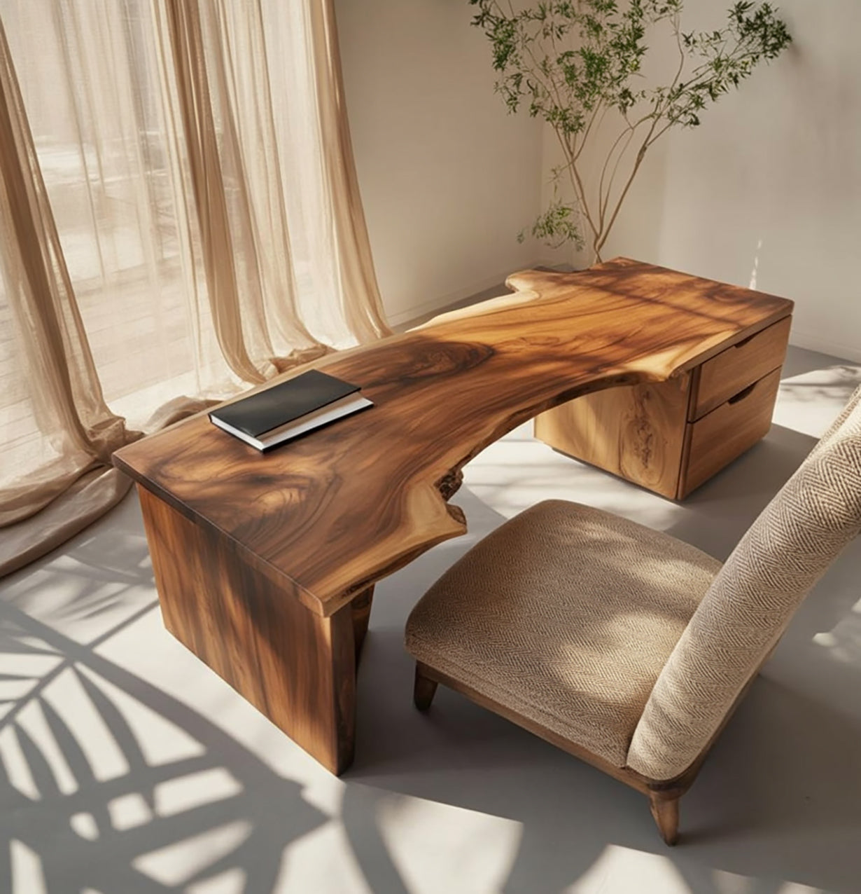 Handgefertigter Live-Edge Massivholz-Schreibtisch mit Stauraum