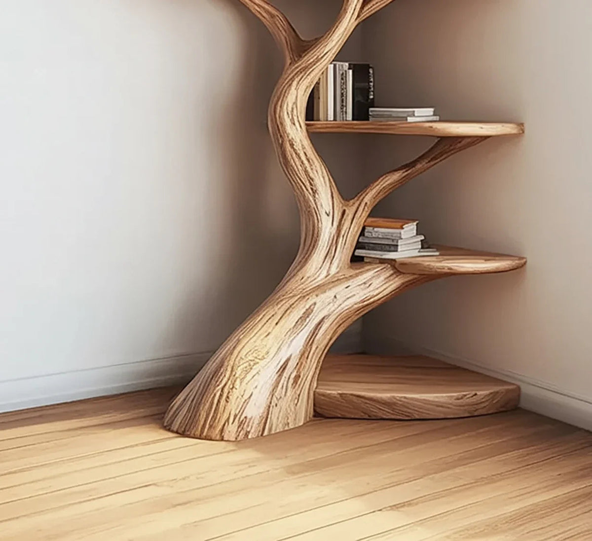 Baumförmiges Massivholz-Bücherregal mit Baumkanten-Regalen in einer Ecke mit mehreren Büchern