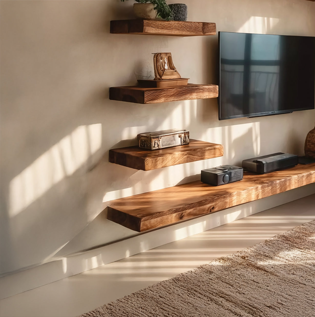 2-teiliges Massivholz-TV-Board mit rustikalem schwebendem Wandregal TV