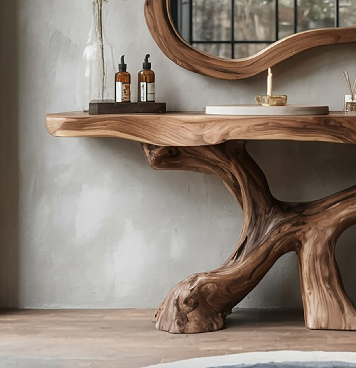 Live-Edge Teak Badezimmerwaschtisch mit organischem Wurzelgestell