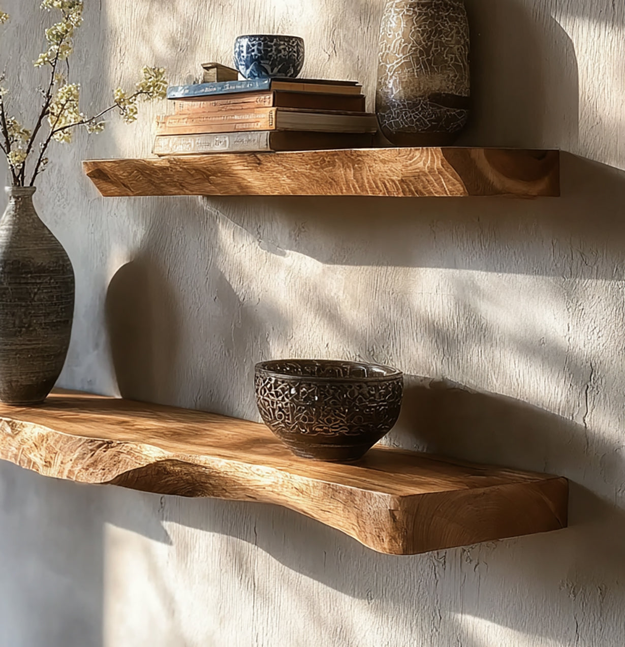 Natürliche Live-Edge-Floating Shelves – tiefes, wandmontiertes Regal