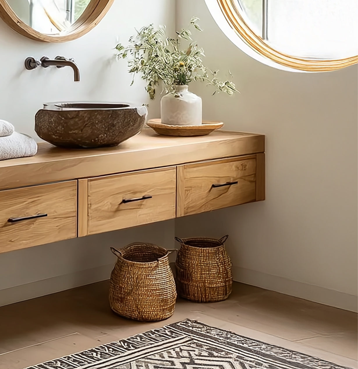 Handgefertigter schwebender Massivholz-Waschtisch mit Schubladen