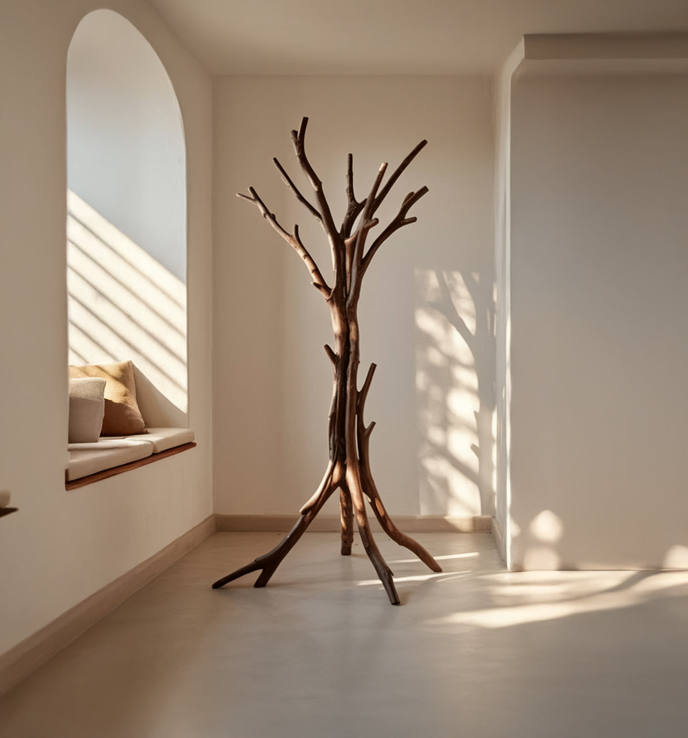 Minimalist room with wooden tree-shaped coat rack and sunlight casting shadows