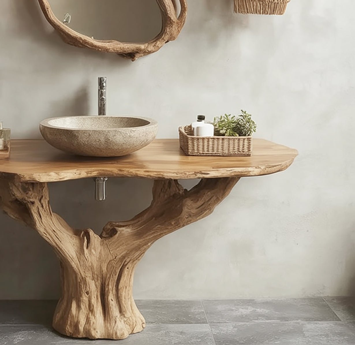 Handgefertigter Massivholz-Badezimmerwaschtisch – Live-Edge Skulpturaler Tisch