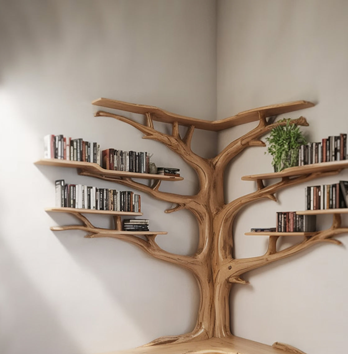 Tree-shaped wooden corner bookshelf with books and a green plant against beige walls