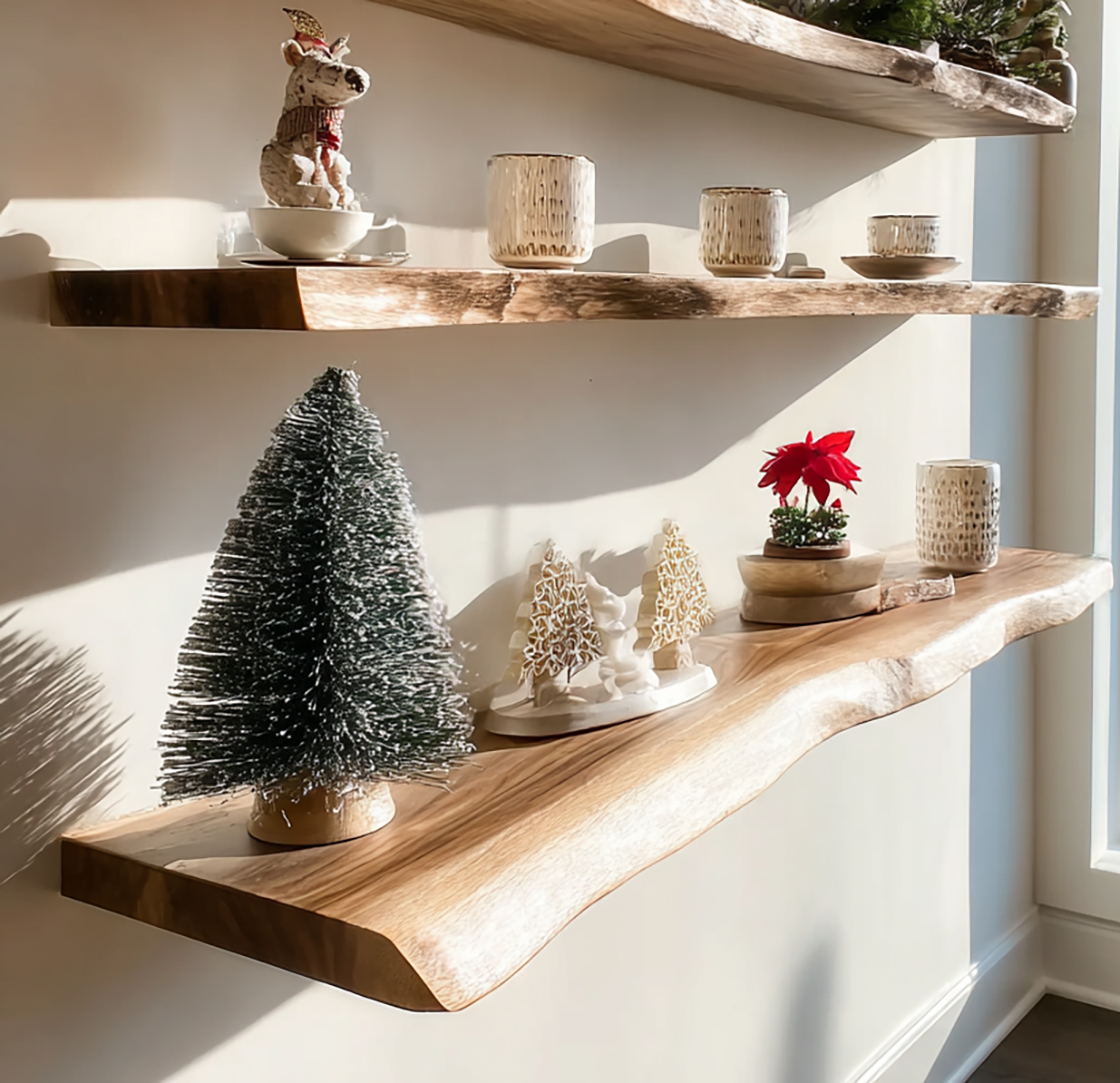 Rustikales Live-Edge Wandregal – Handgefertigte Massivholz-Deko