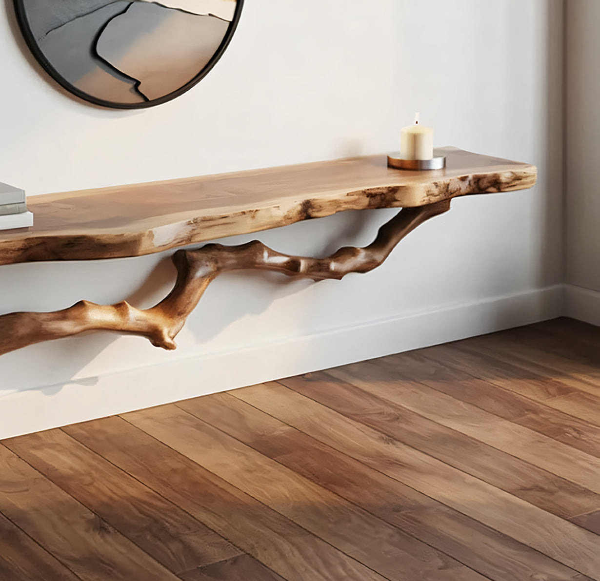 Organisches schwebendes Holzregal – Live Edge mit Skulpturalem Asthalter