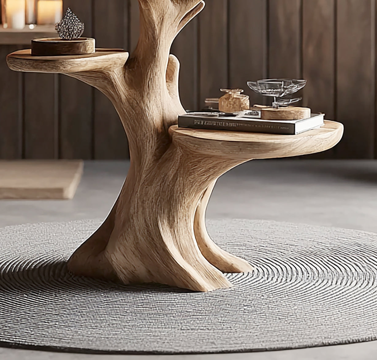 Handgefertigter Beistelltisch aus Massivholz im skulpturalen Baumdesign