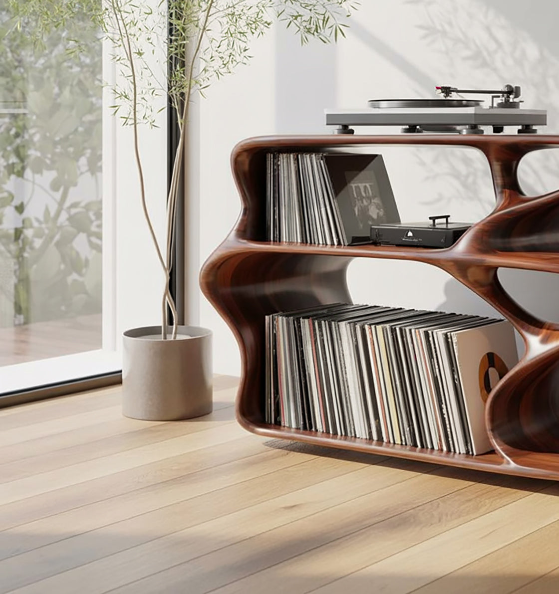 Holz-Plattenspielerständer mit Vinyl-Aufbewahrung im modernen Design