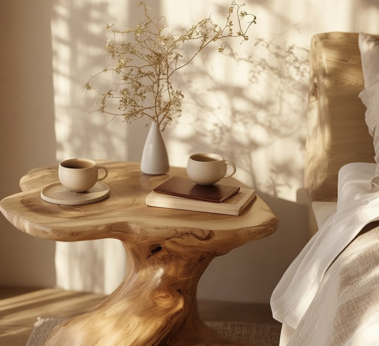Organic wooden side table with two coffee cups, books, and a white vase with dried flowers in cozy bedroom