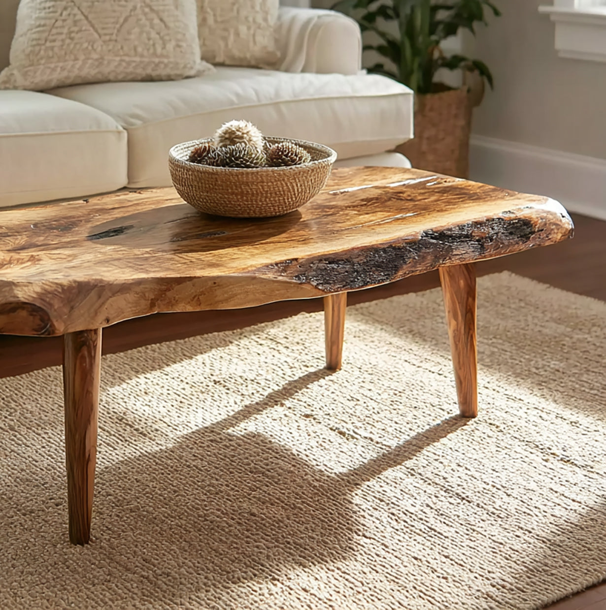 Handgefertigter Live-Edge Couchtisch aus Massivholz im rustikalen Stil