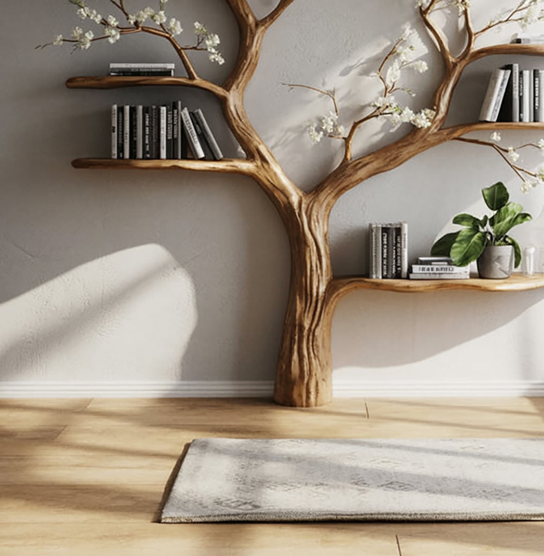 Live-Edge Baum-Bücherregal – Elegantes Regal mit floralen Ästen