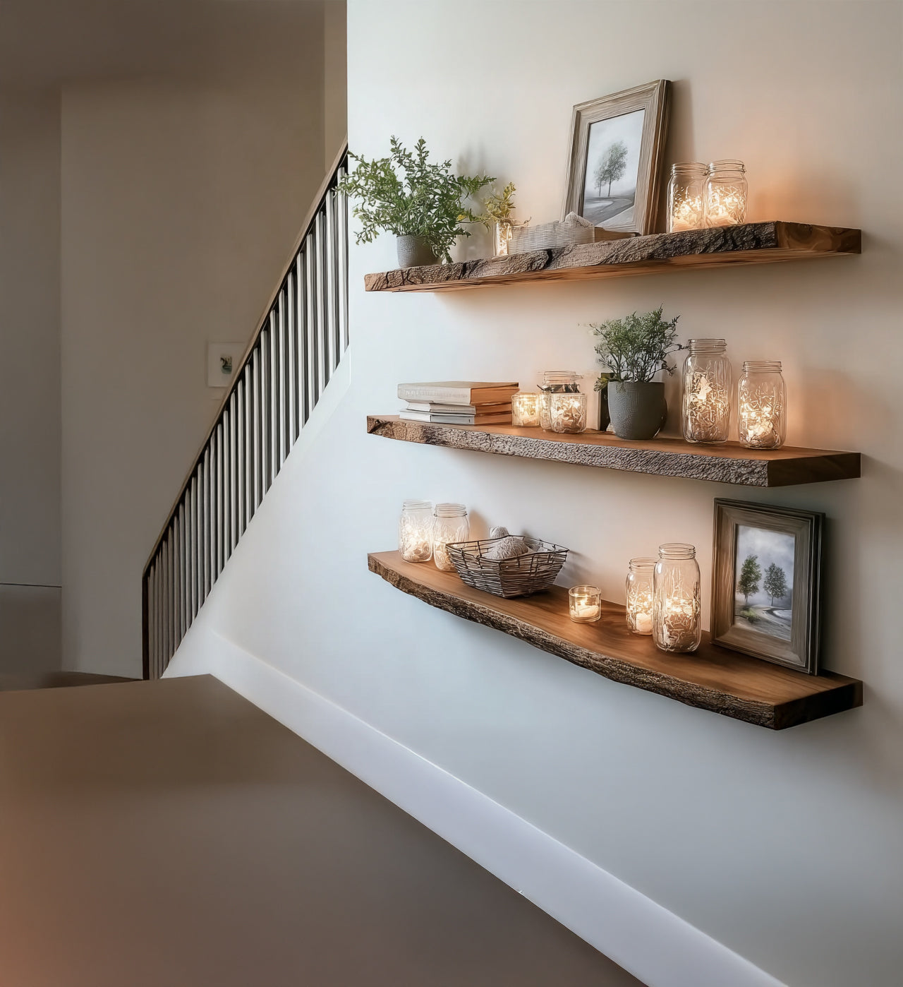 Handgefertigtes Schweberegal mit Baumkante – Massivholz-Rustikregal für die Wand