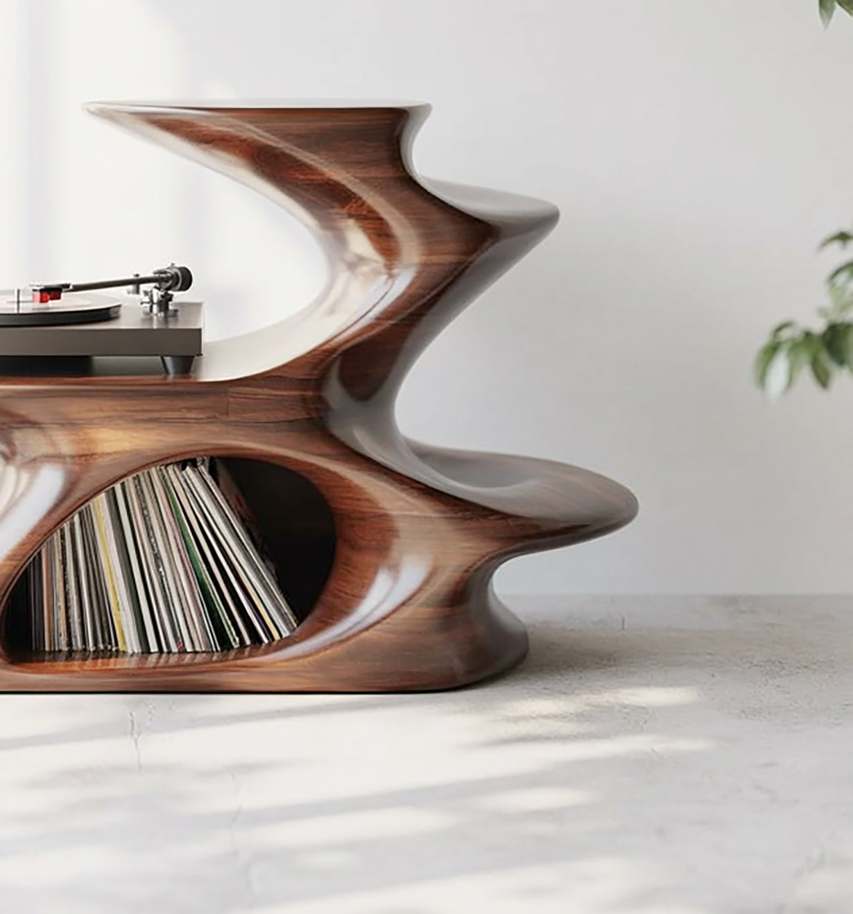 Skulpturaler Holz-Plattenspielerständer – Organischer moderner Vinyl-Tisch
