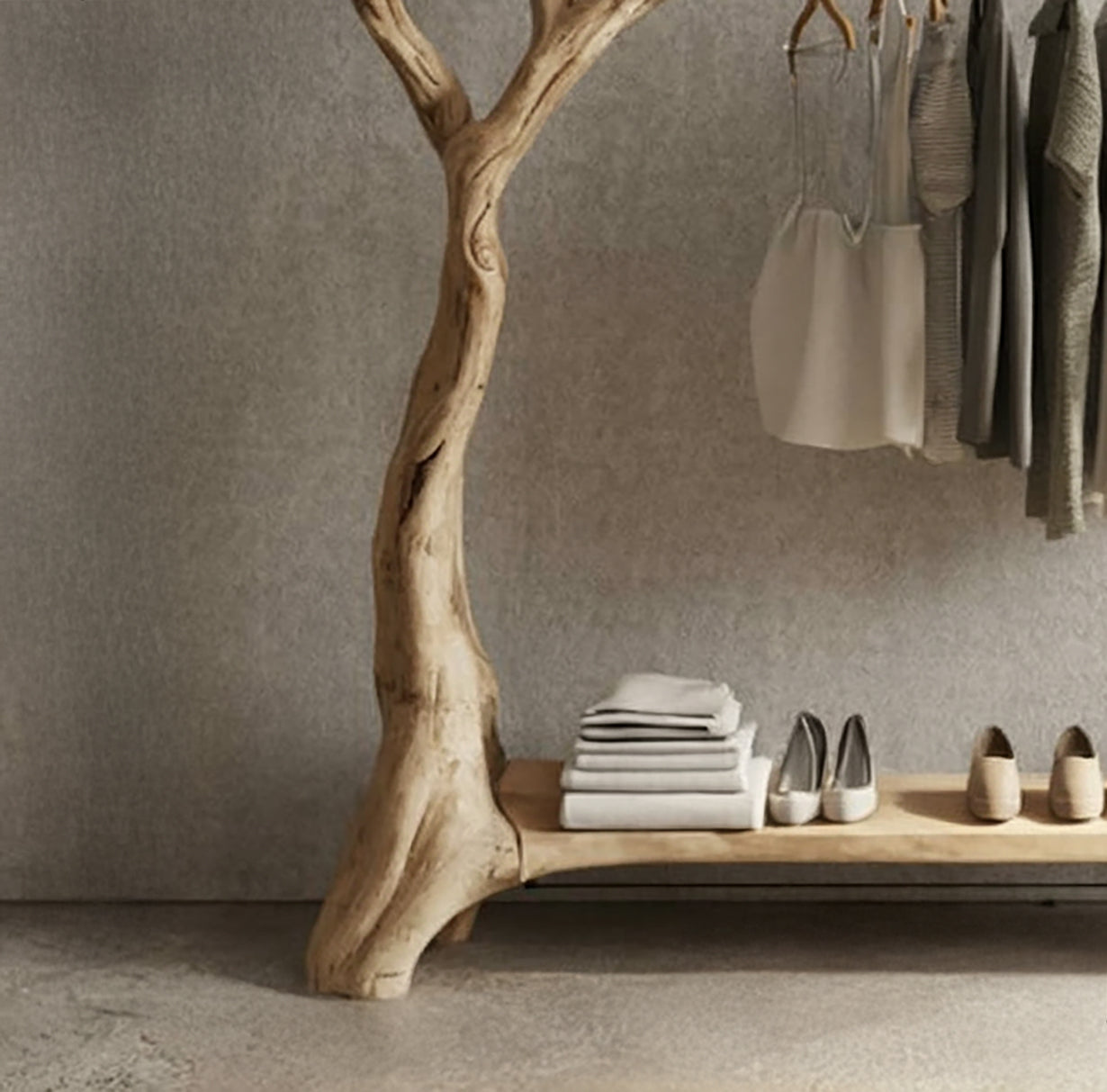 Live-Edge Holz-Kleiderständer – Baumast-Garderobe mit Ablagebank
