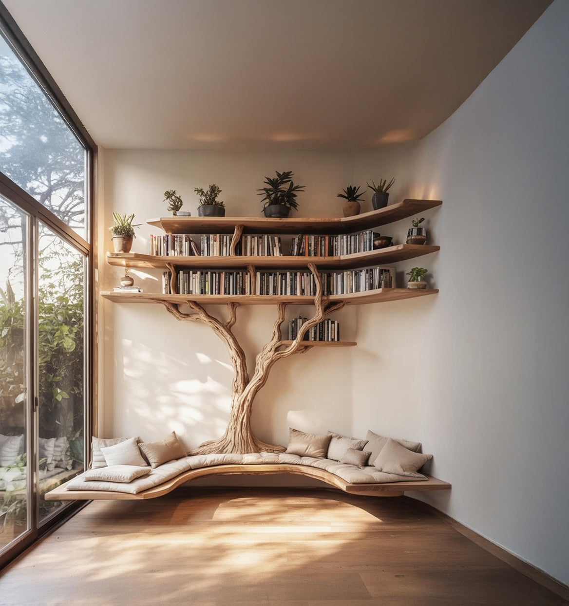 Handgefertigtes Baum-Bücherregal mit Sitzbank – Live Edge Massivholz Wandregal für Leseecke