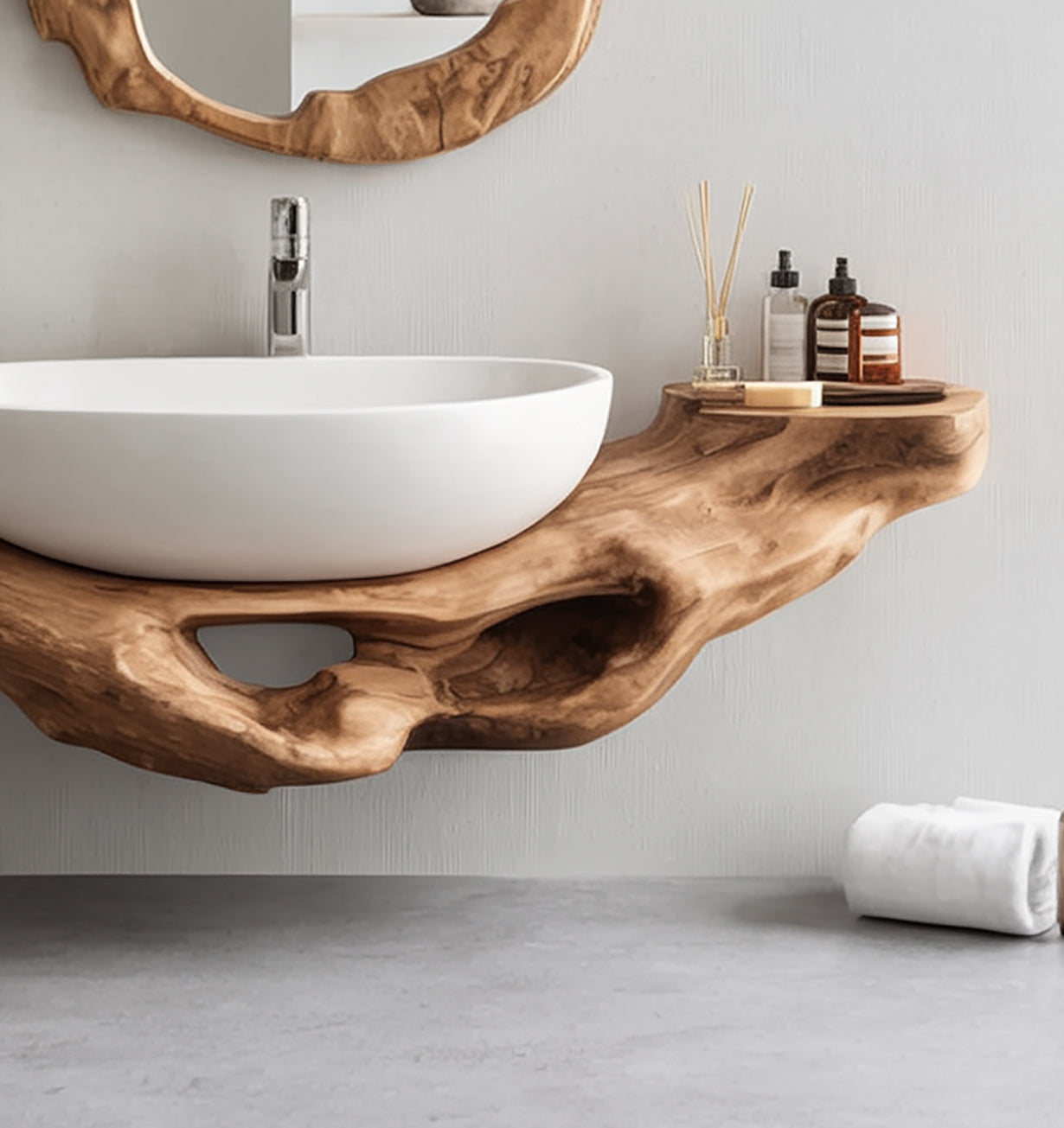 Organisches Waschtischregal aus Massivholz mit Live Edge – handgefertigt
