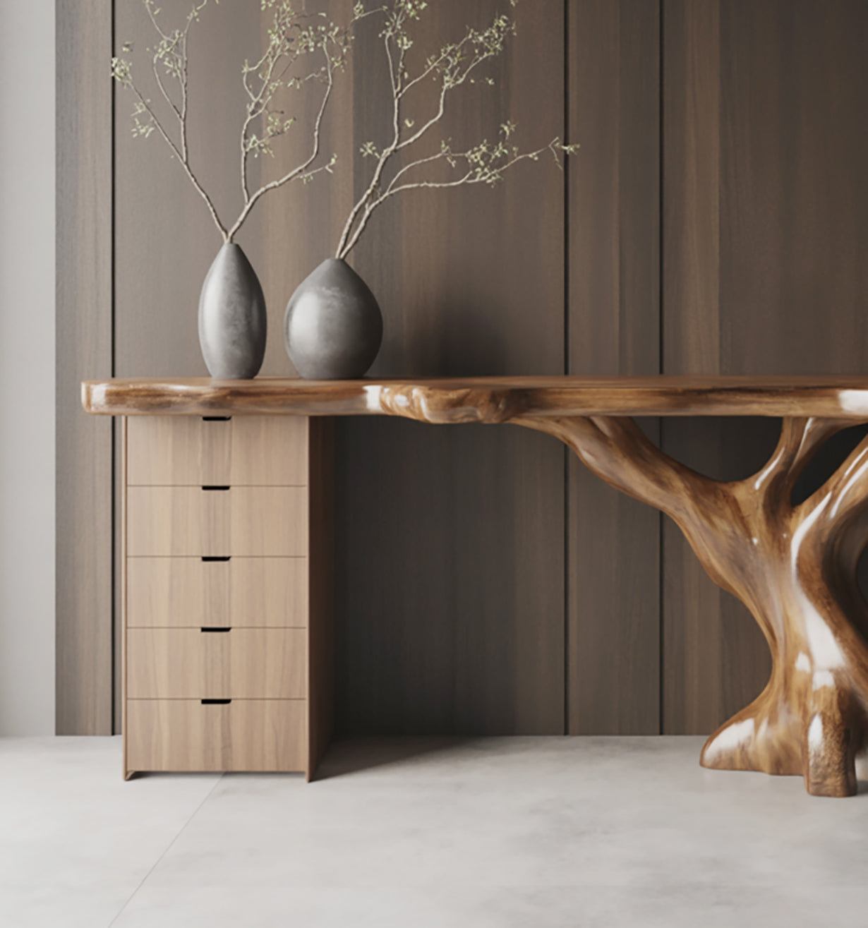 Live-Edge Schreibtisch aus Massivholz mit handgefertigtem Baumstamm-Gestell