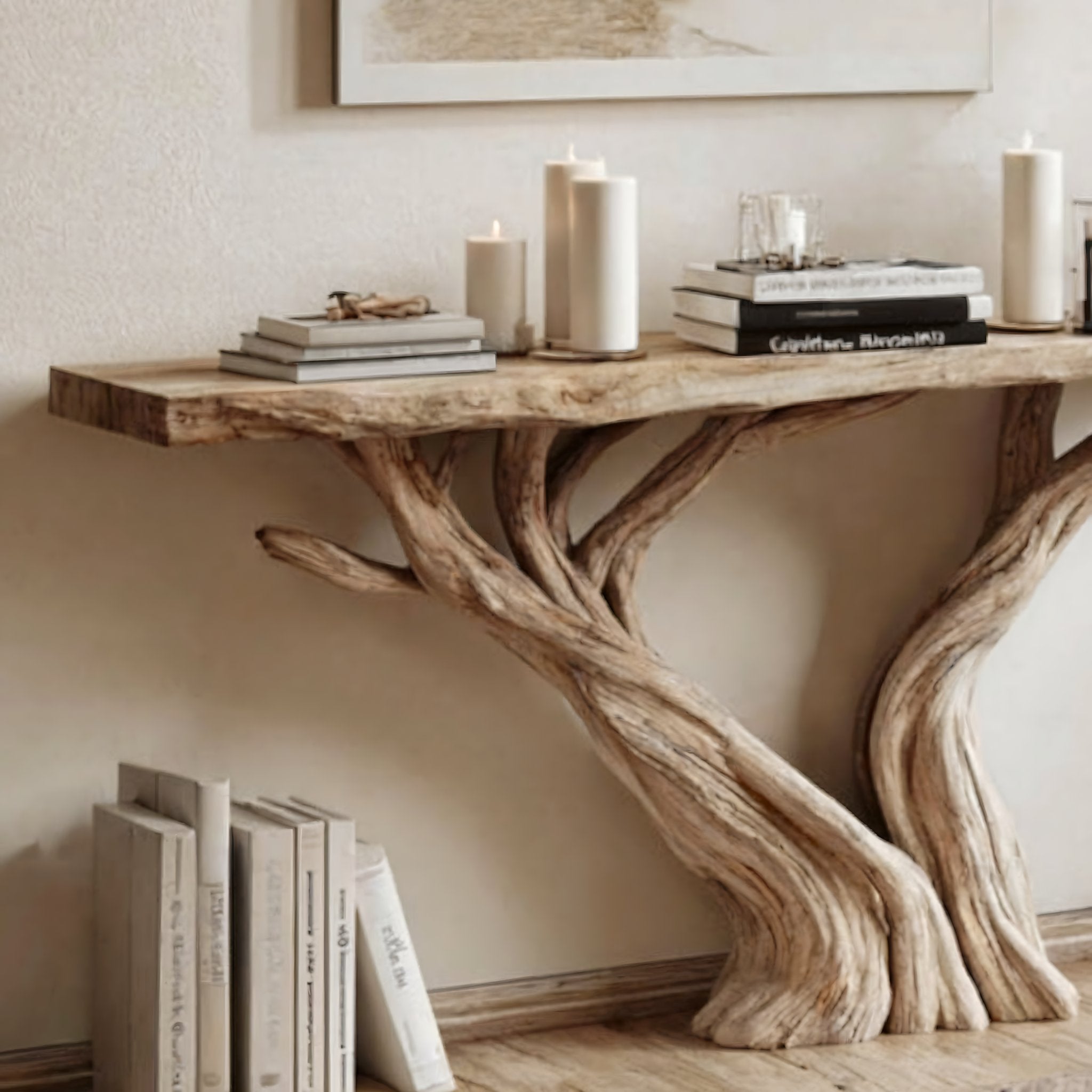 Schmaler Konsolentisch mit Baumkante – Handgefertigter rustikaler Landhaus-Holztisch