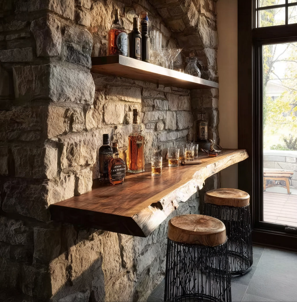 Schwebender Bar-Tisch aus Massivholz mit Naturkante – handgefertigtes Wandregal