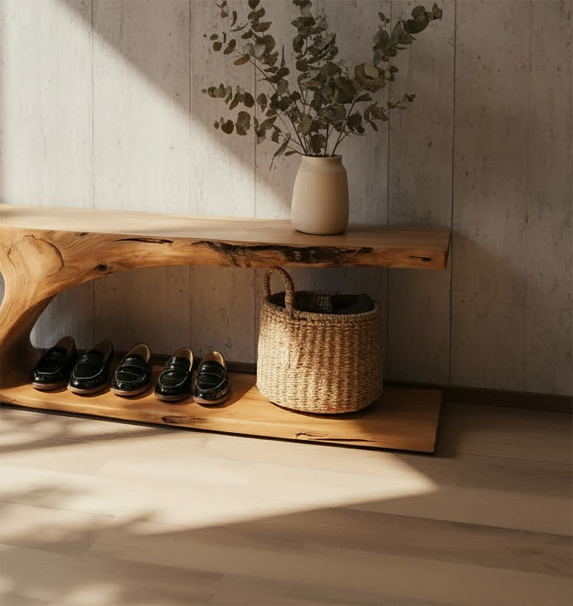 Handgefertigte Live-Edge Holzbank – Schuhregal für Diele & Flur