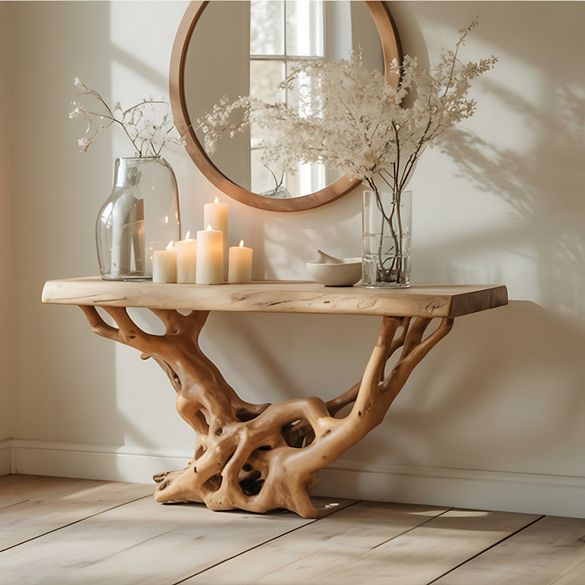 Konsolentisch mit Baumkante – Handgefertigt, rustikaler Landhausstil für den Flur