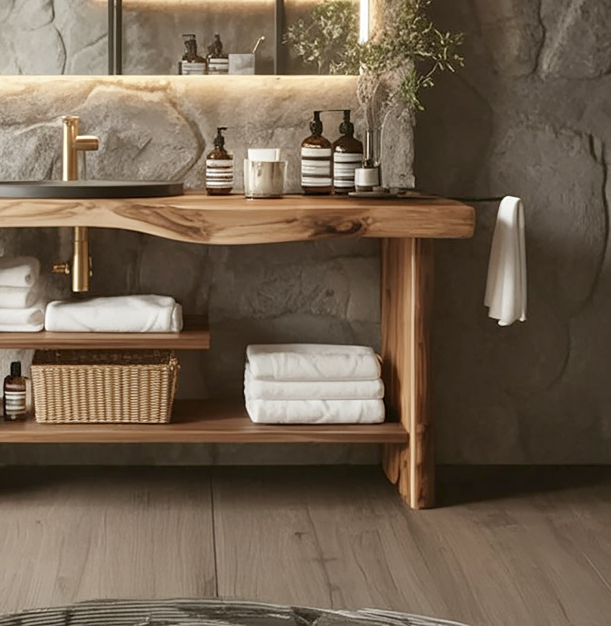 Handgefertigter Waschtisch aus Naturholz für das Badezimmer