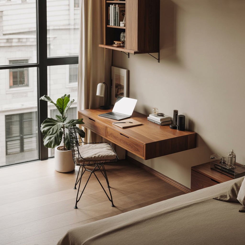Moderner schwebender Wand-Schreibtisch aus Massivholz mit Schubladen