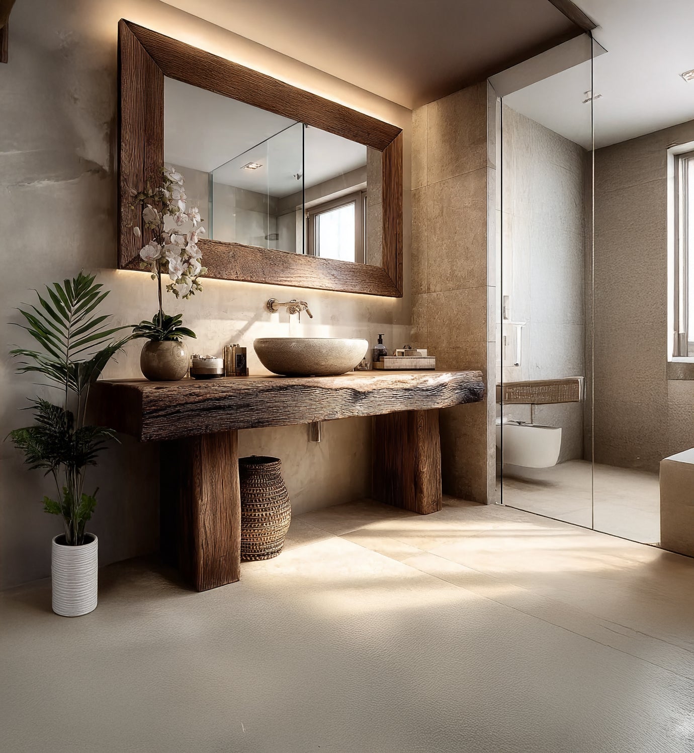 Rustikaler handgefertigter Holz-Waschtisch mit Live-Edge-Design