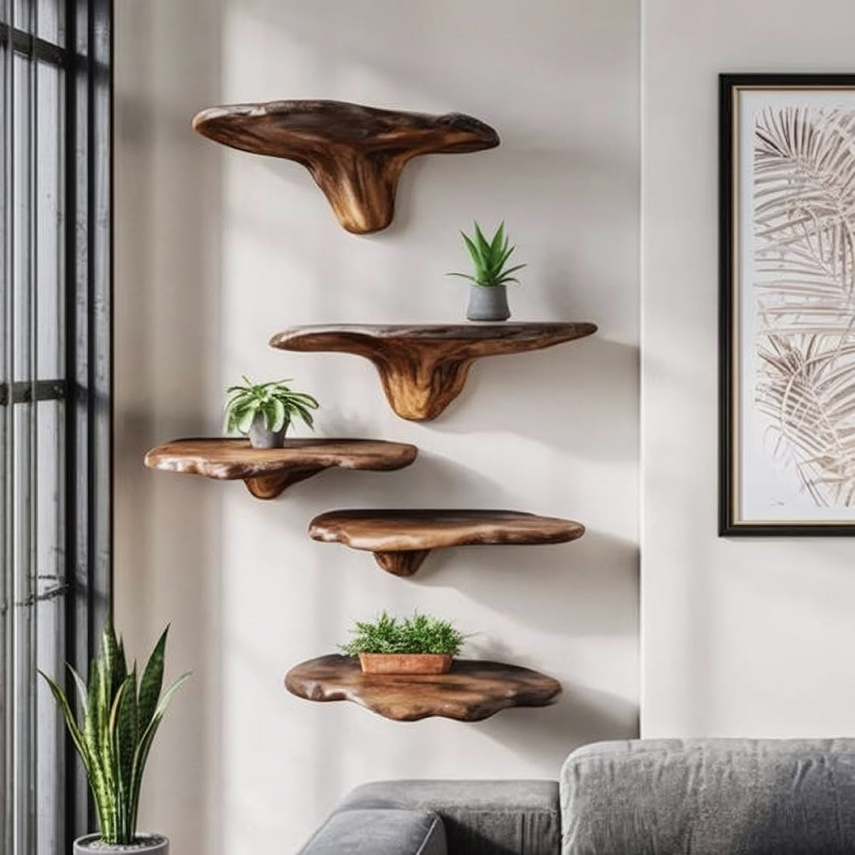 Handgefertigte schwebende Holzregale mit Live Edge – organisches Wandregal