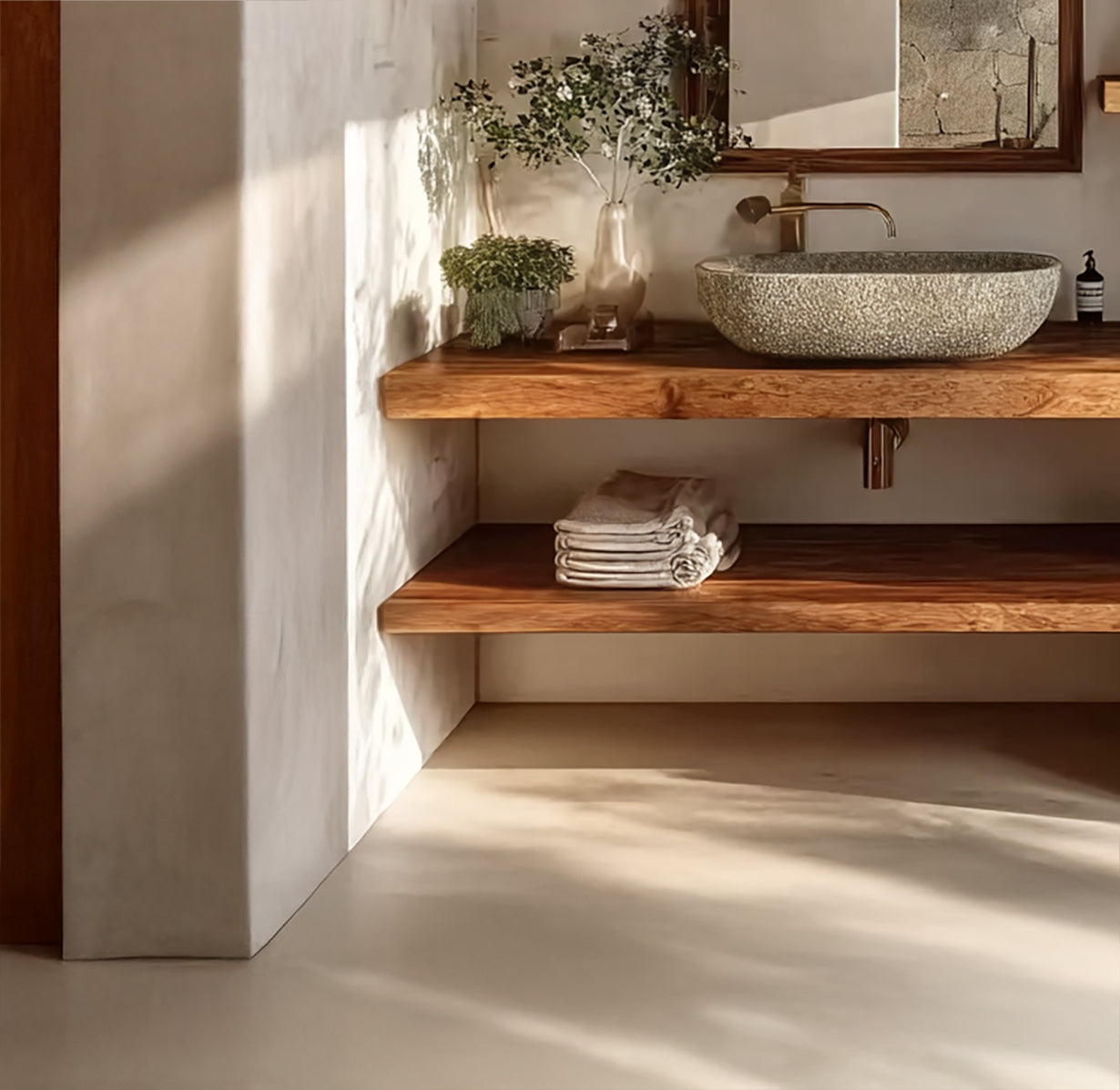 Rustikaler schwebender Holz-Waschtisch – Handgefertigt & Offene Ablagen