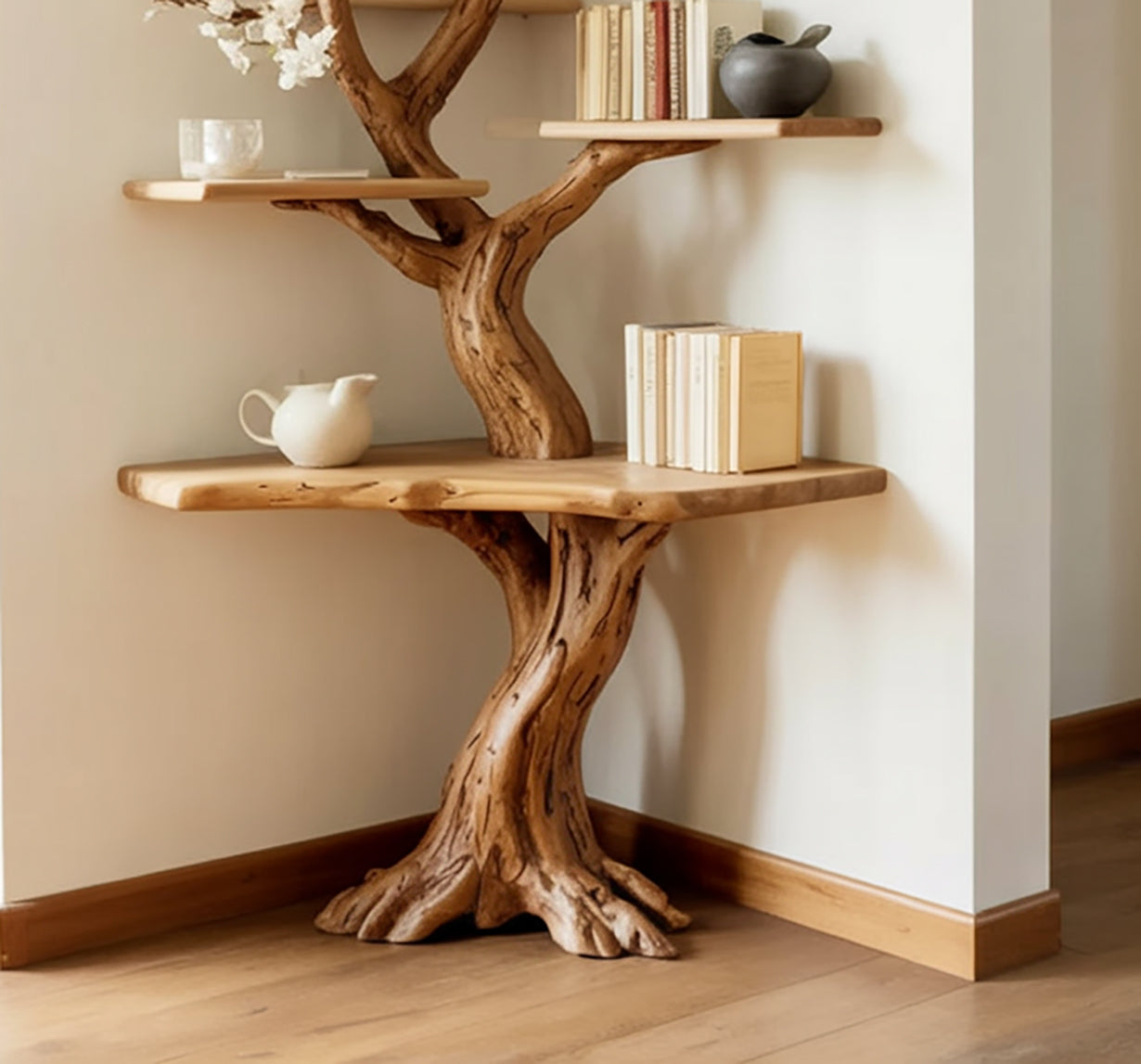 Rustikales Eck-Baumregal mit integriertem Schreibtisch aus Holz