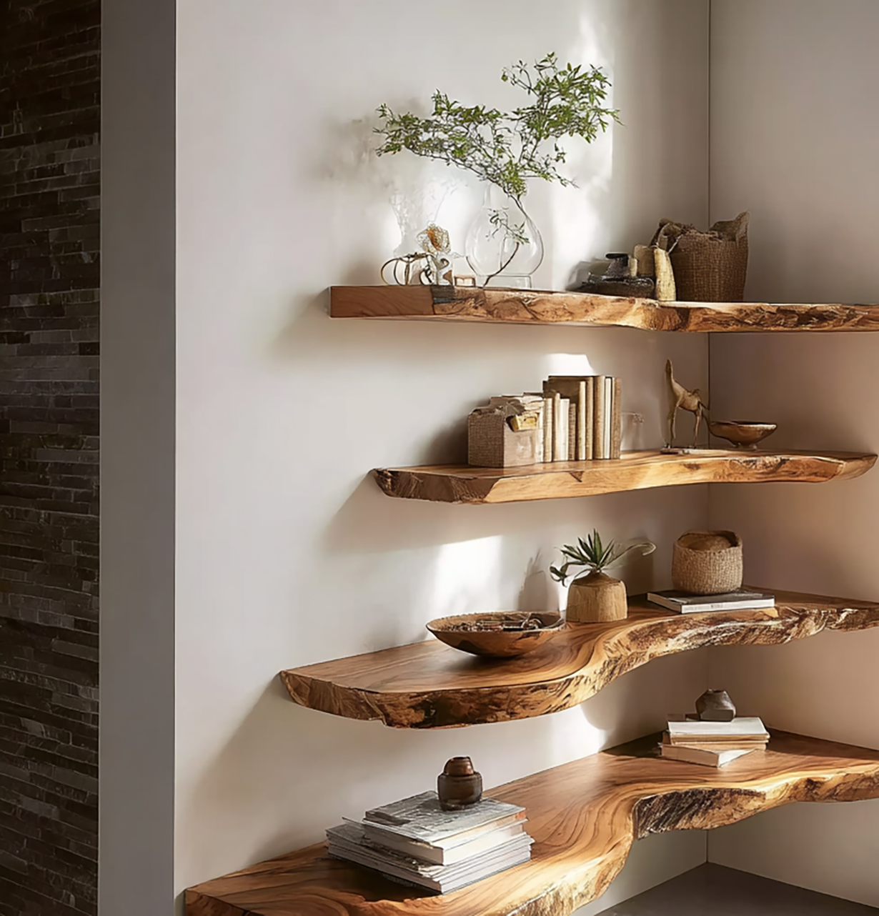 Rustikales Wandregal aus Massivholz mit Live Edge – Walnuss Regal für Wohnkultur