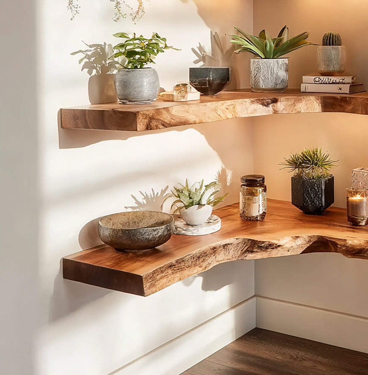 Live-Edge Eck-Floating Shelves – handgefertigtes Massivholz-Wandregal