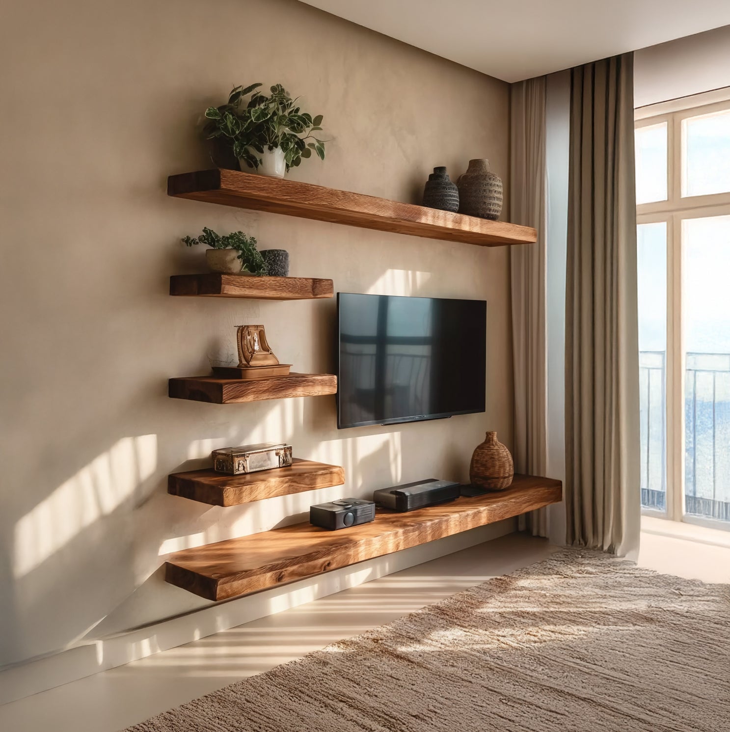 2-teiliges Massivholz-TV-Board mit rustikalem schwebendem Wandregal TV